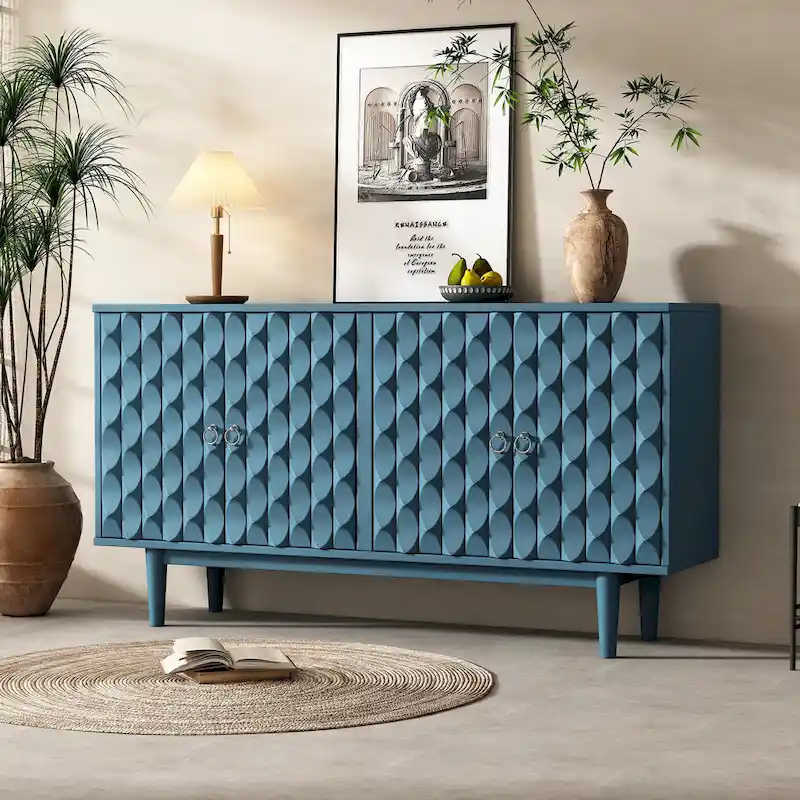 Modern 4-Door Sideboard with Convex Pattern Doors & 2 Silver Handle
