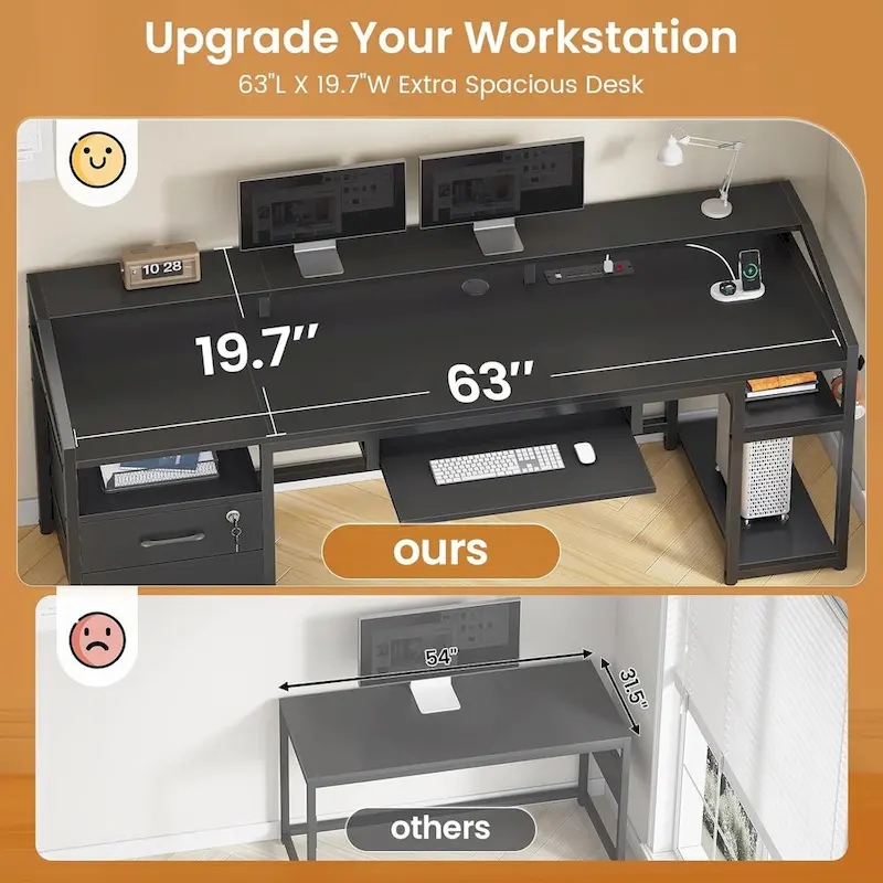 LED Computer Desk With Lock Drawers Keyboard Tray Power Outlet