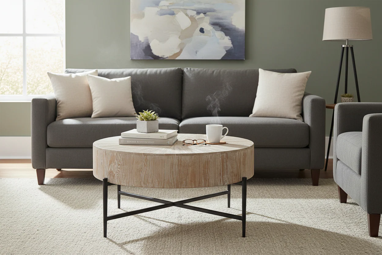 38.5-Inch Wide Round Wood and Iron Coffee Table