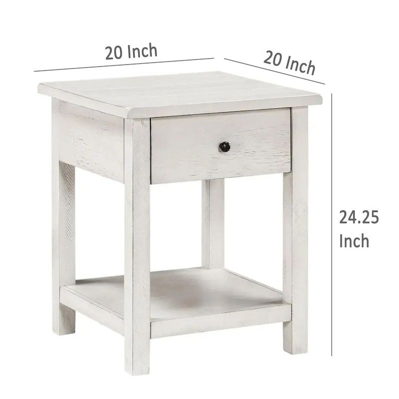Ayne Side End Table, 1 Drawer, Distressed White Wood, Square 20 Inch