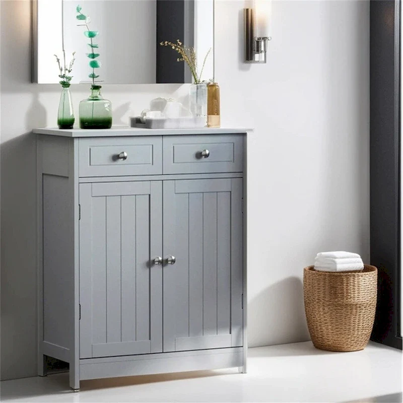 Grey Wooden Floor Storage Cabinet with 1 Shelf & 2 Drawers