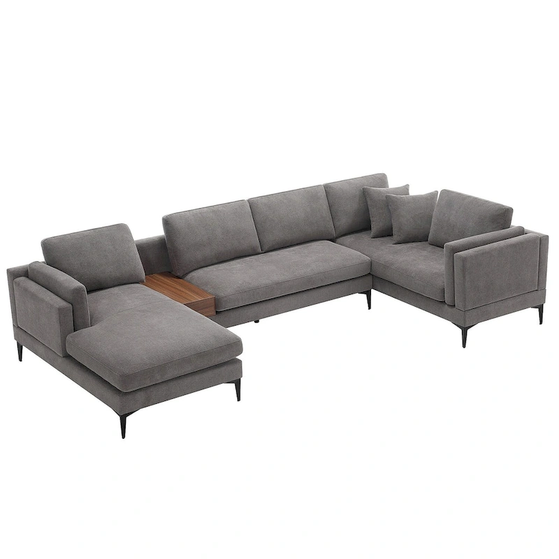 Modular U-shaped Linen Reversible Sofa with a Wooden Side Table Box and Reversible Design