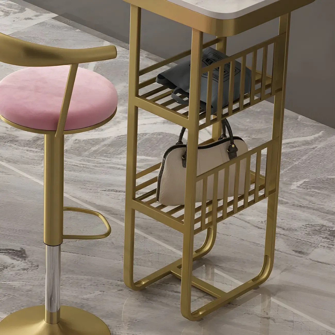 Glam Gold White Faux Marble Shelf Bar Tables