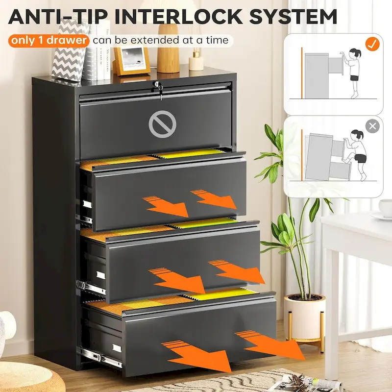 4 Drawer Metal Lateral Filing Cabinet with Lock