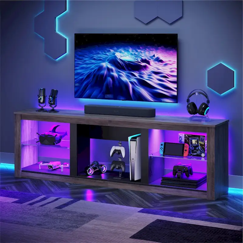 70-Inch LED TV Stand with Tempered Glass Shelves and Open Cabinet - 71 in