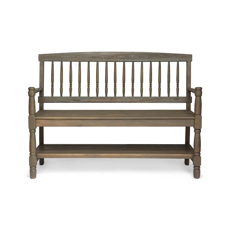 Ikra Outdoor Bench, Built-In Shelf, 51 Inch, Carved Gray Acacia Wood