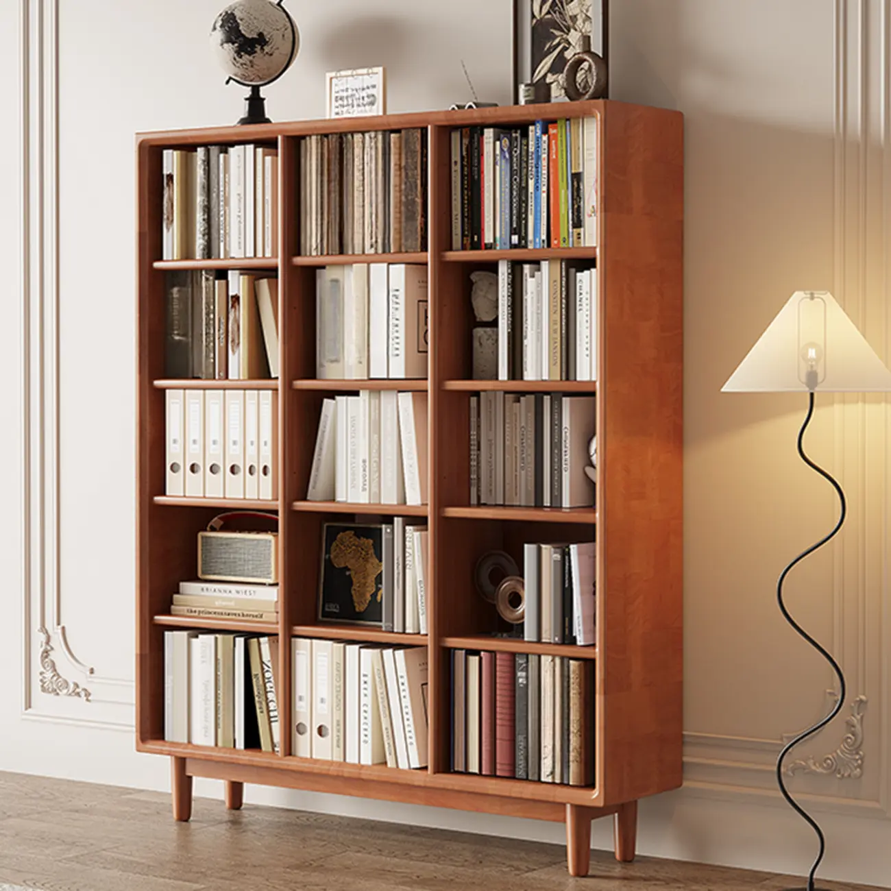 Mid Century Modern Oak Wood Closed Back Standing Bookcase