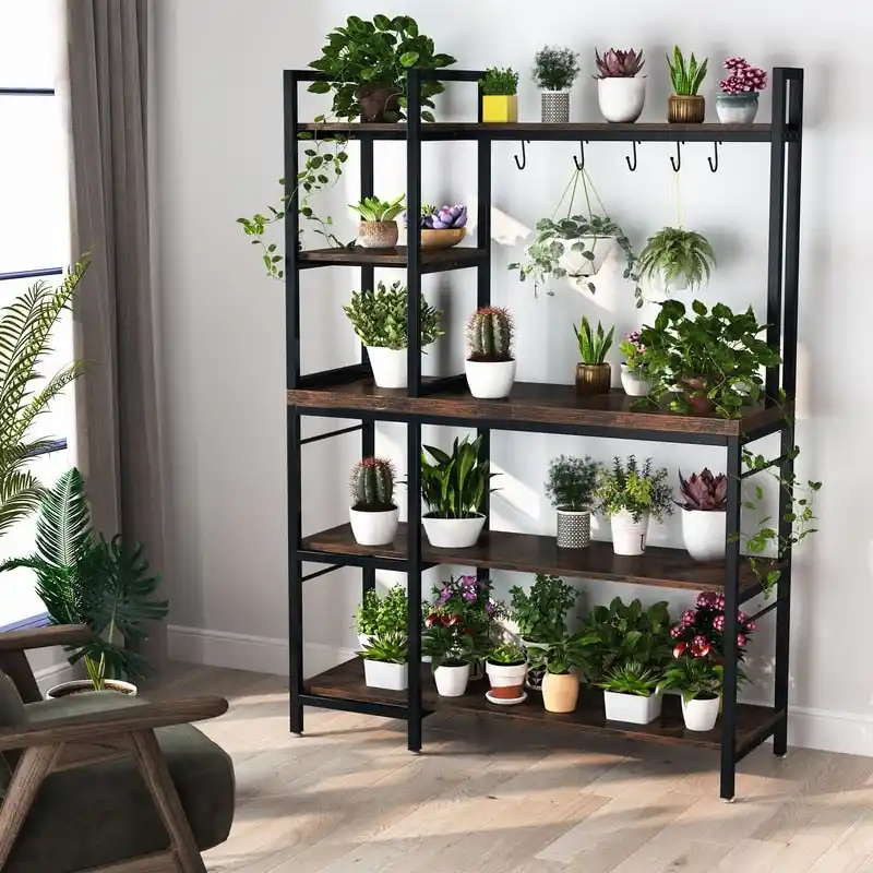 4-Tier Rustic Brown Bakers Rack with S-Shape Hooks