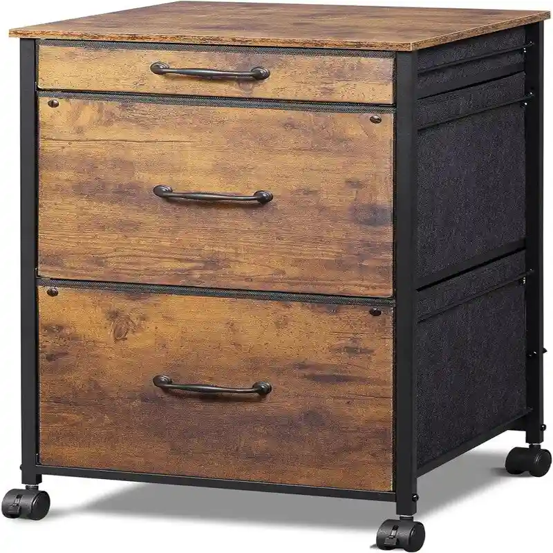 Mobile File Cabinet - 3 Drawers - Wood Top - Steel Frame - Rolling