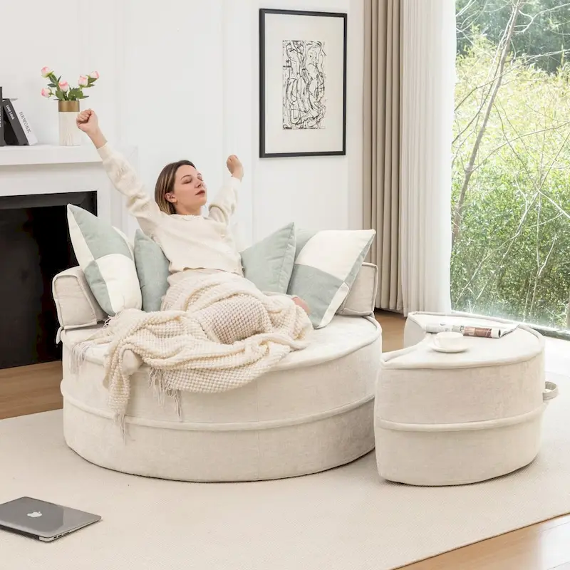 Modern Round Barrel Accent Chair with Ottoman - Velvet Lounge Sofa