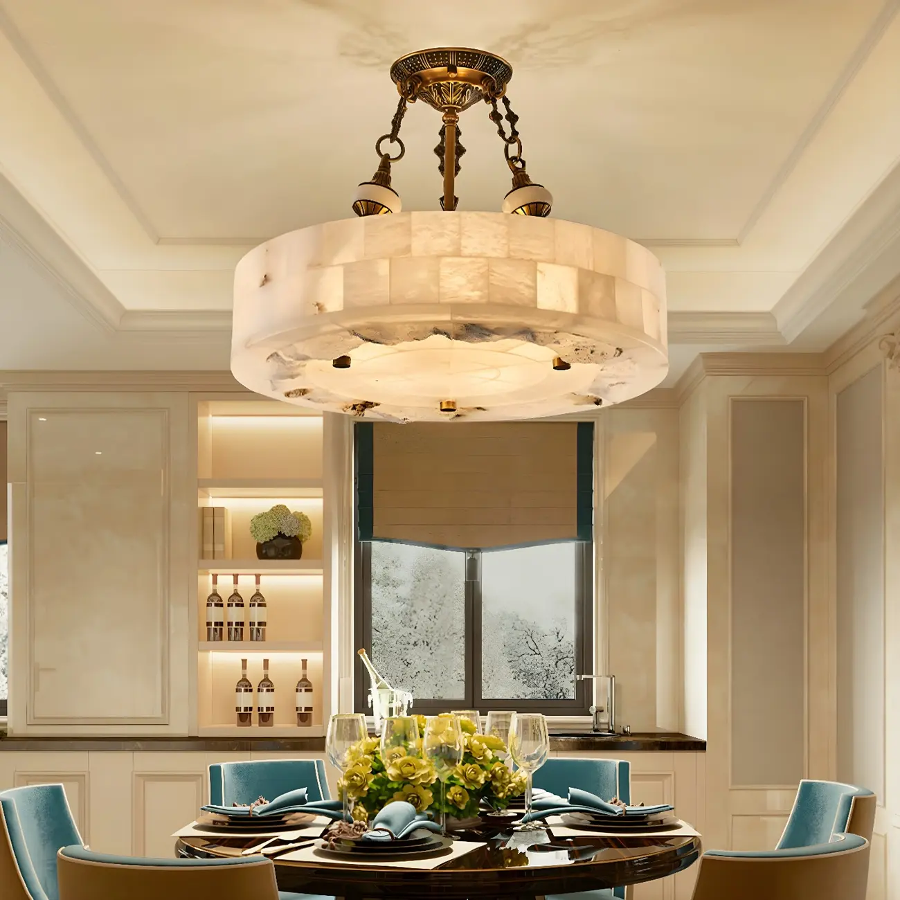 Luxurious Gold Alabaster Cylindrical Chandelier