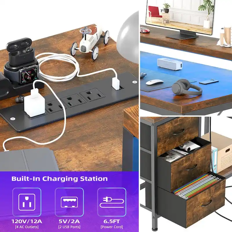 GIMMYFIVE L Shaped Gaming Desk with Power Outlets & LED Lights