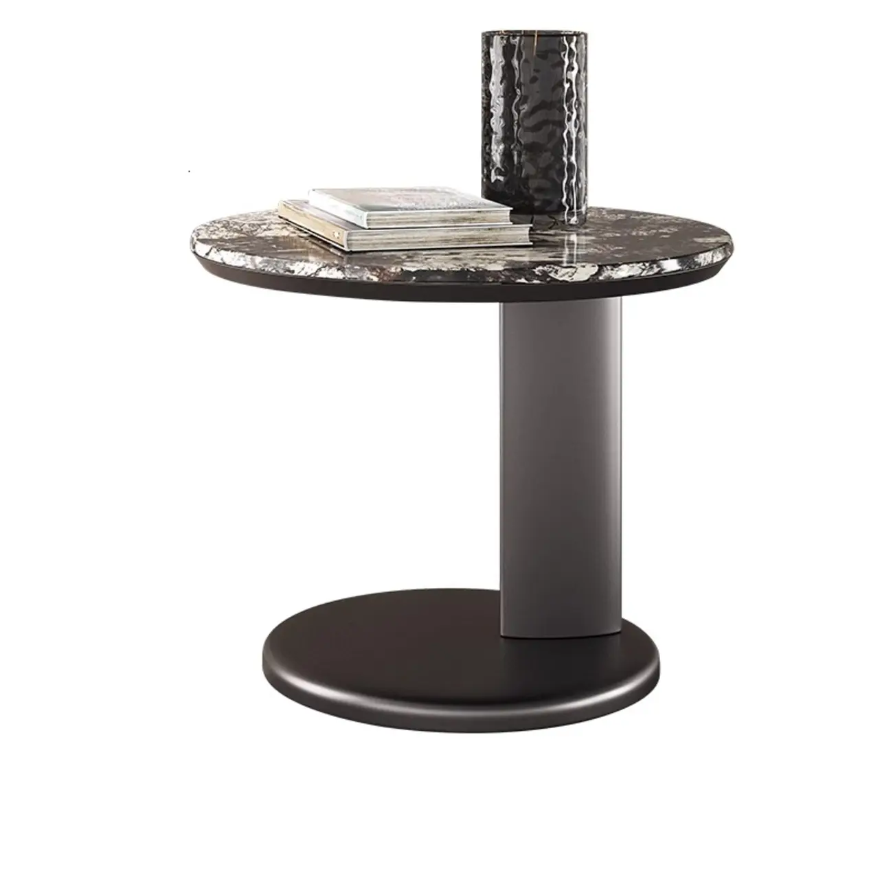 Modern Black Round C-shaped Side Table With Stone Top