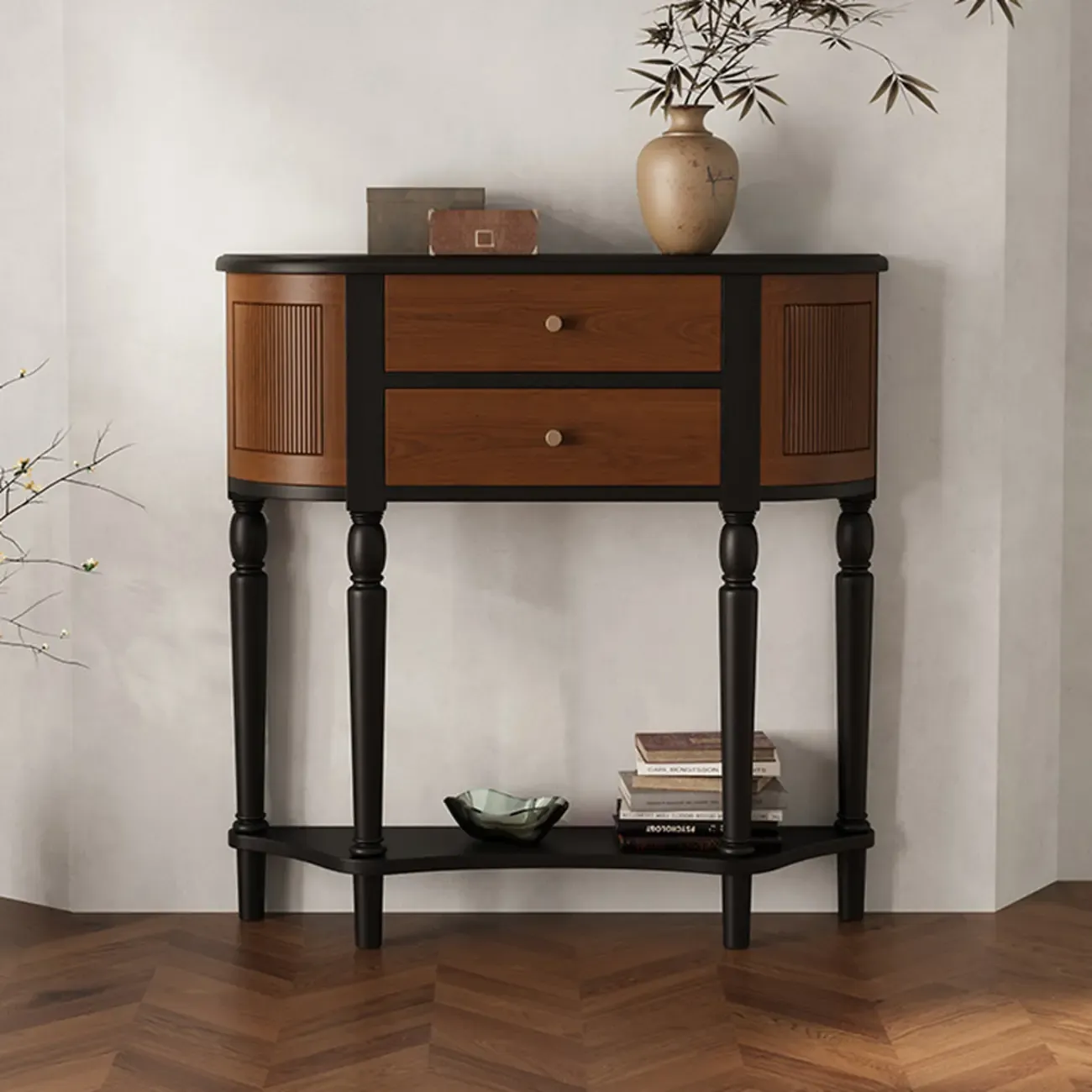 Natural Wood Live Edge Entrance Table with 2 Cabinets and 3 Shelves