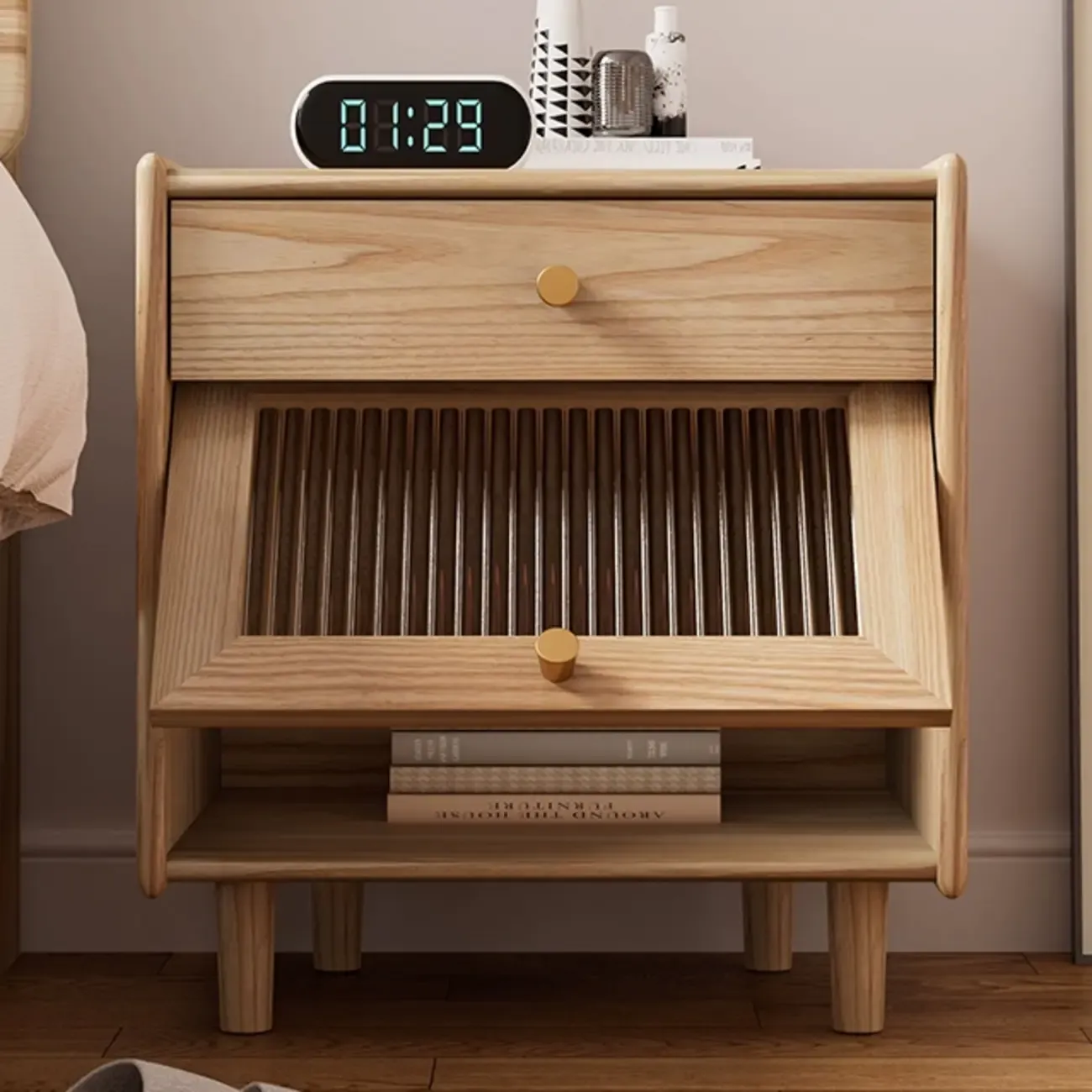 Natural Ash Wooden Drawer Cabinet Nightstand with Legs