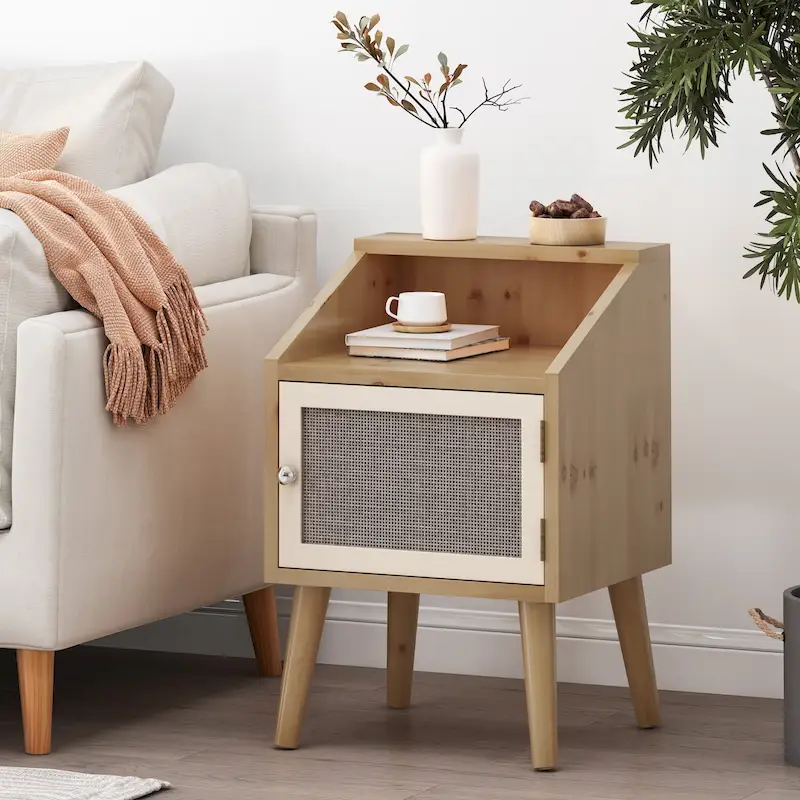 Rattan Accent End Table with Hutch & Cabinet – White + Natural, Wood Top, Single