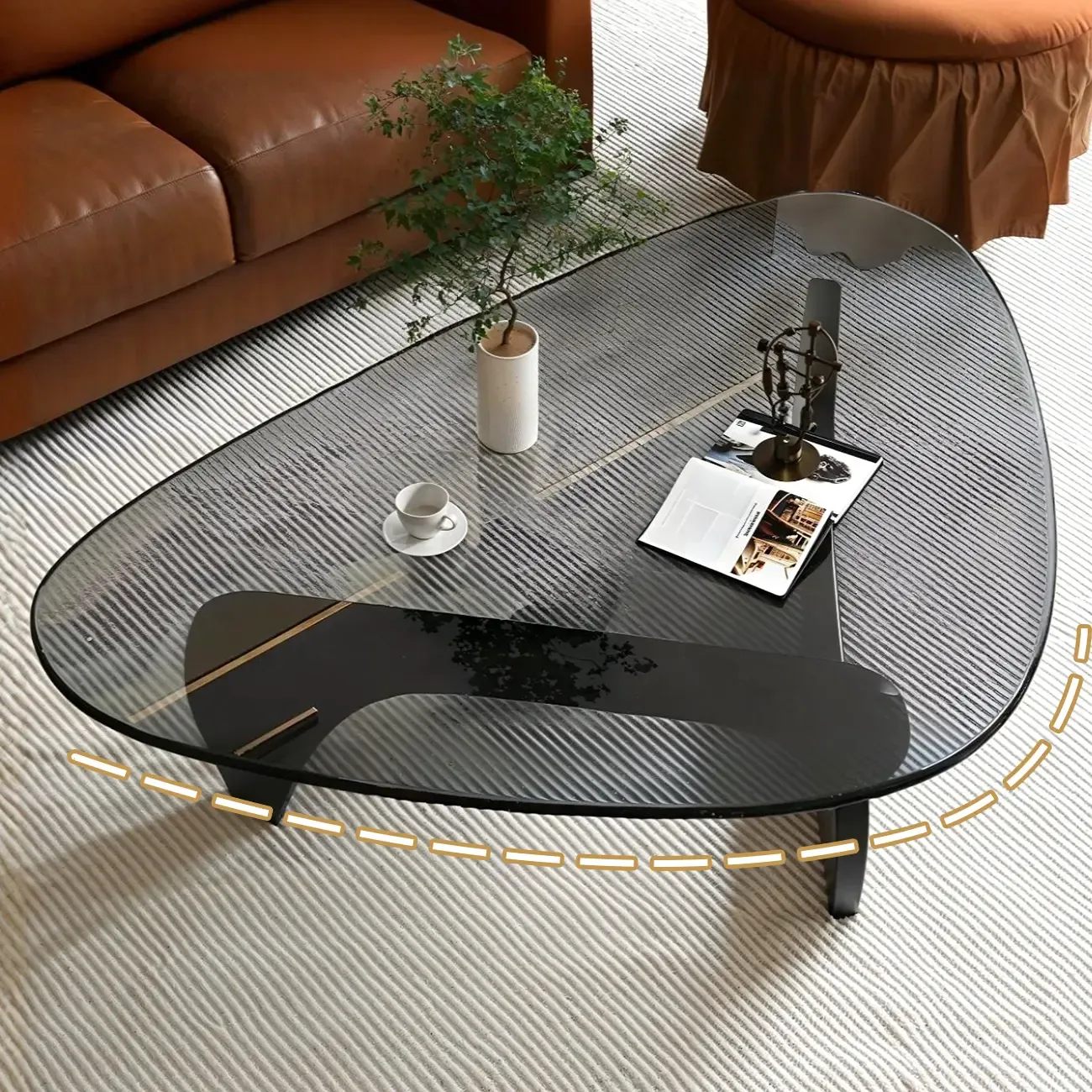 Modern Triangle Glass Coffee Table Wooden Base