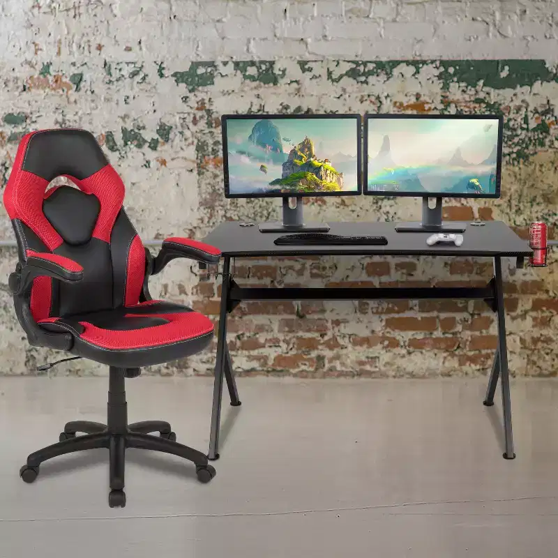 Flash Furniture Gaming Desk and Racing Chair Set with Cup Holder, Headphone Hook & 2 Wire Management Holes