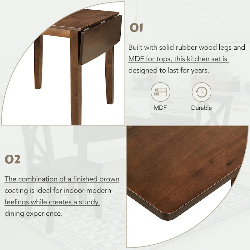 3-Piece Wooden Breakfast Nook Dining Table Set with Drop Leaf Table