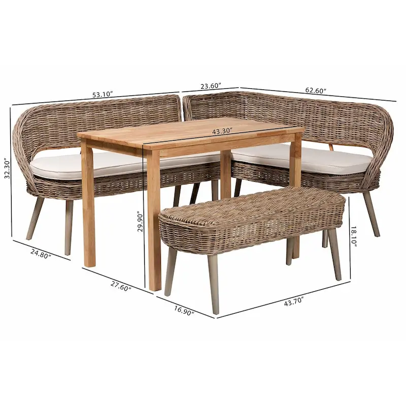 Raisa Modern Bohemian Natural Kubu Rattan Bench and Wood Table Dining Nook Set
