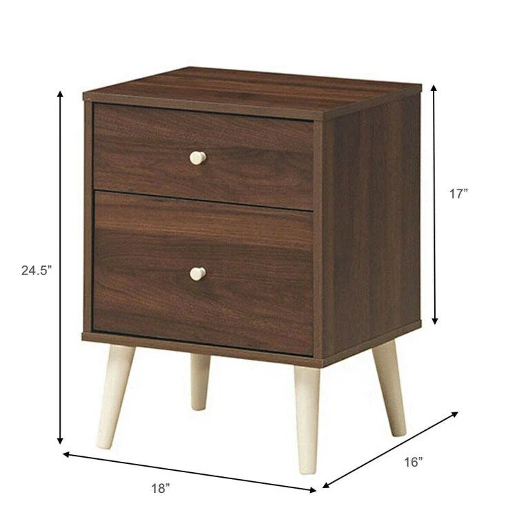 Walnut 2-Drawer Nightstand with Rubber Wood Legs (18