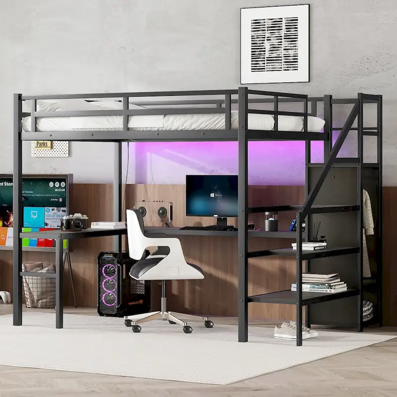 Full XL Size Metal Loft Bed with L-shaped Desk, USB, and LED for Kids and Teens