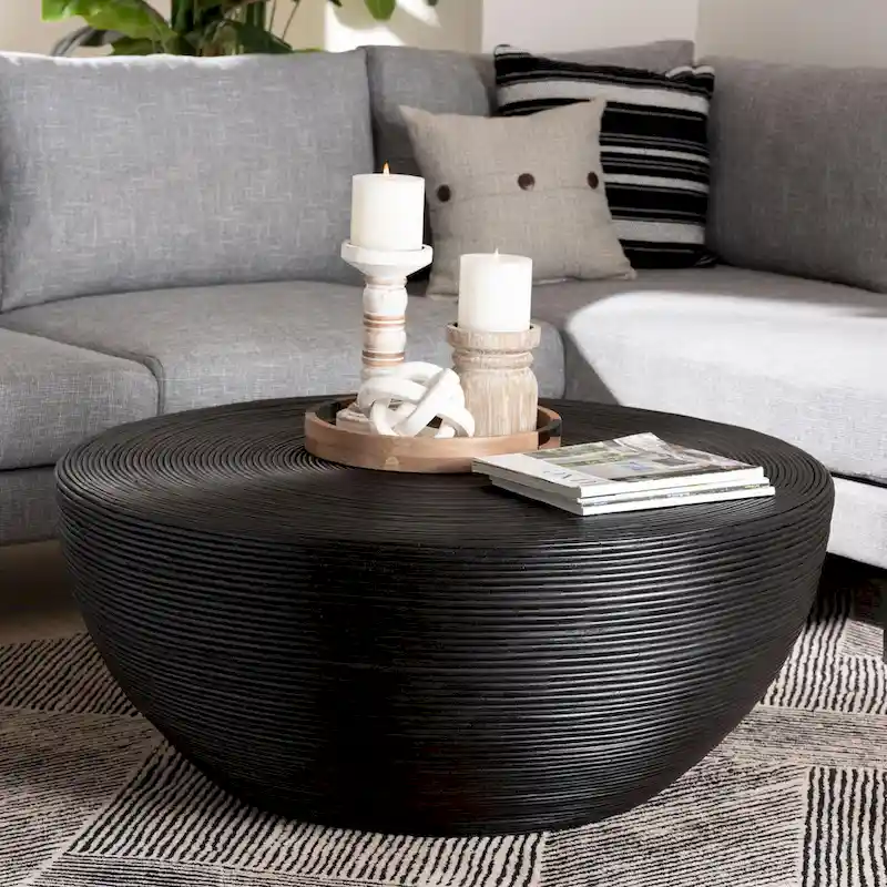 Tokyo Laminated Natural Rattan Coffee Table - Handcrafted Drum Table for Living Room, Coastal Boho Style Furniture