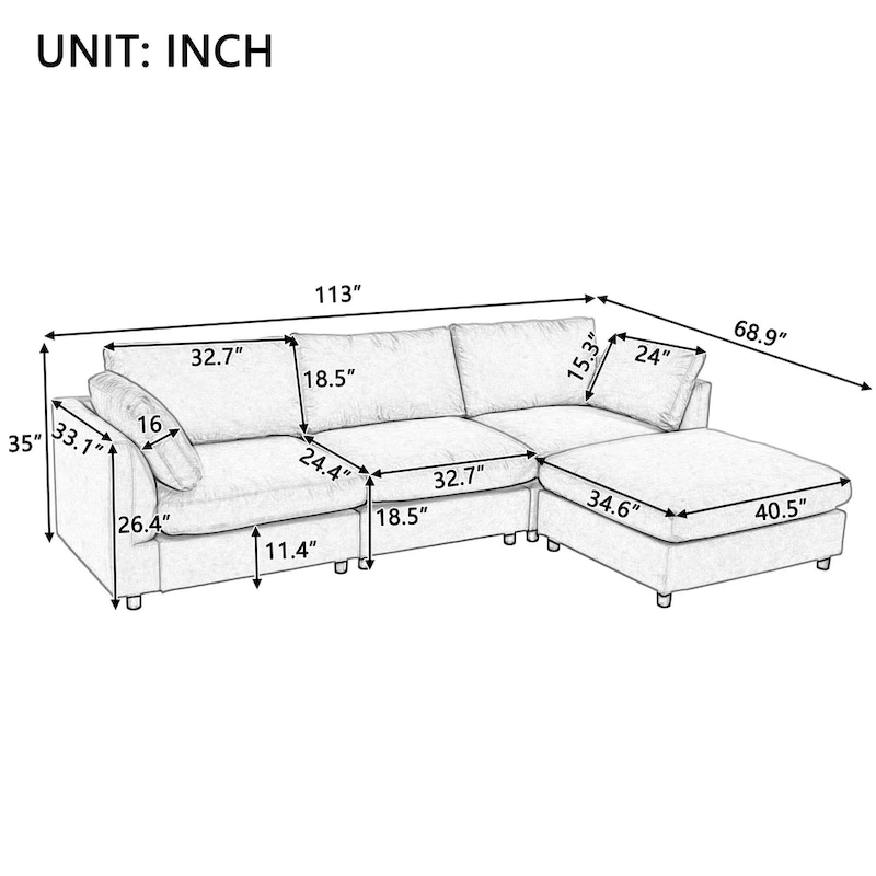Beige 113 L-Shaped 4-Seat Sectional Sofa with Adjustable Footrest and Reversible Chaise