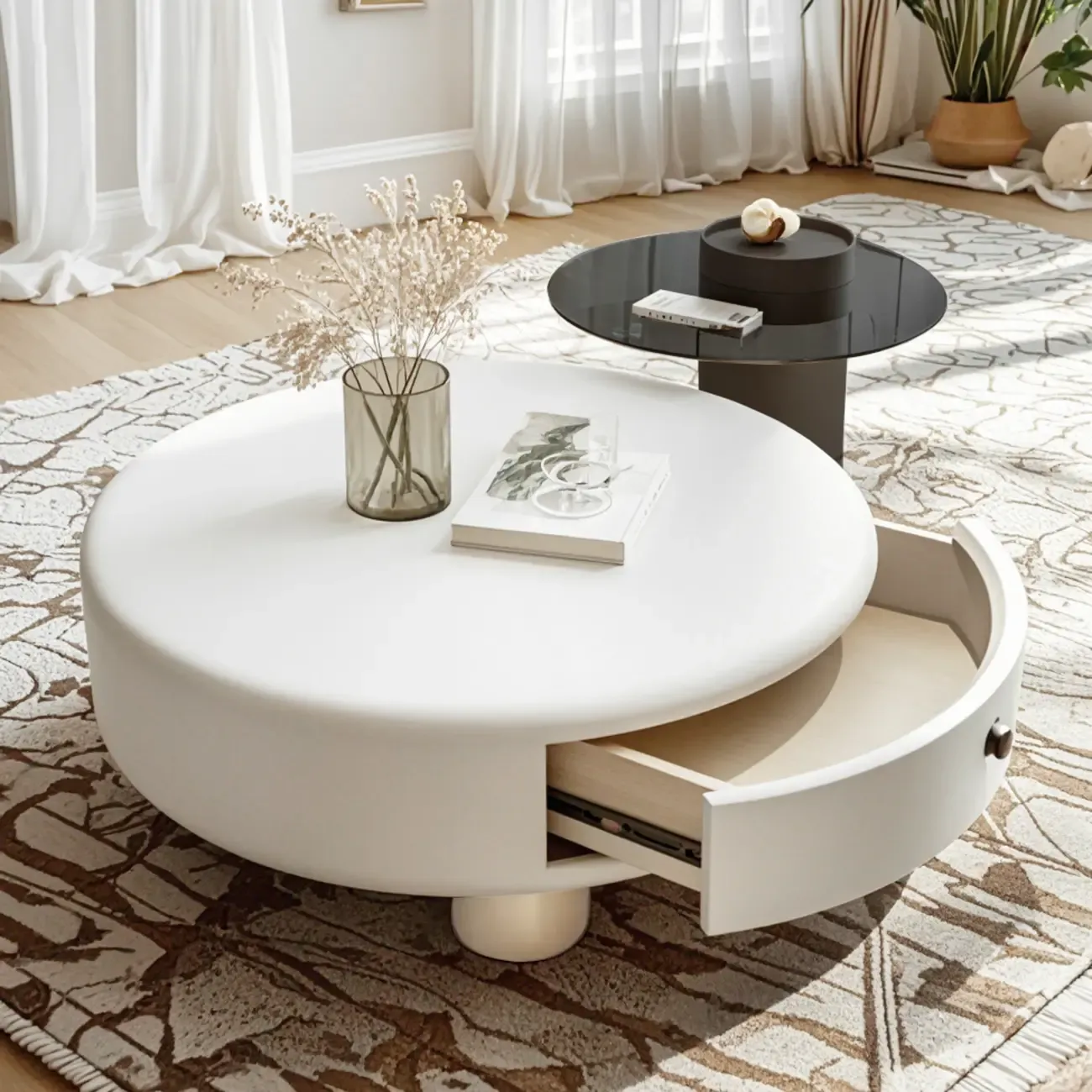 Cream Round Elegant Drawers Round Wood Coffee Table