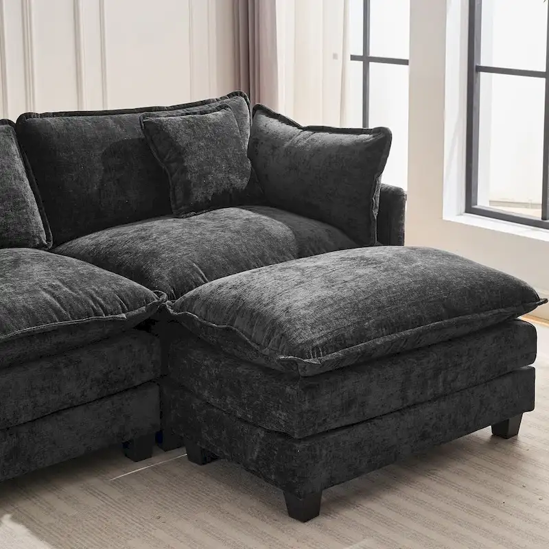 L-Shape Chenille Upholstered Sofa with Ottoman