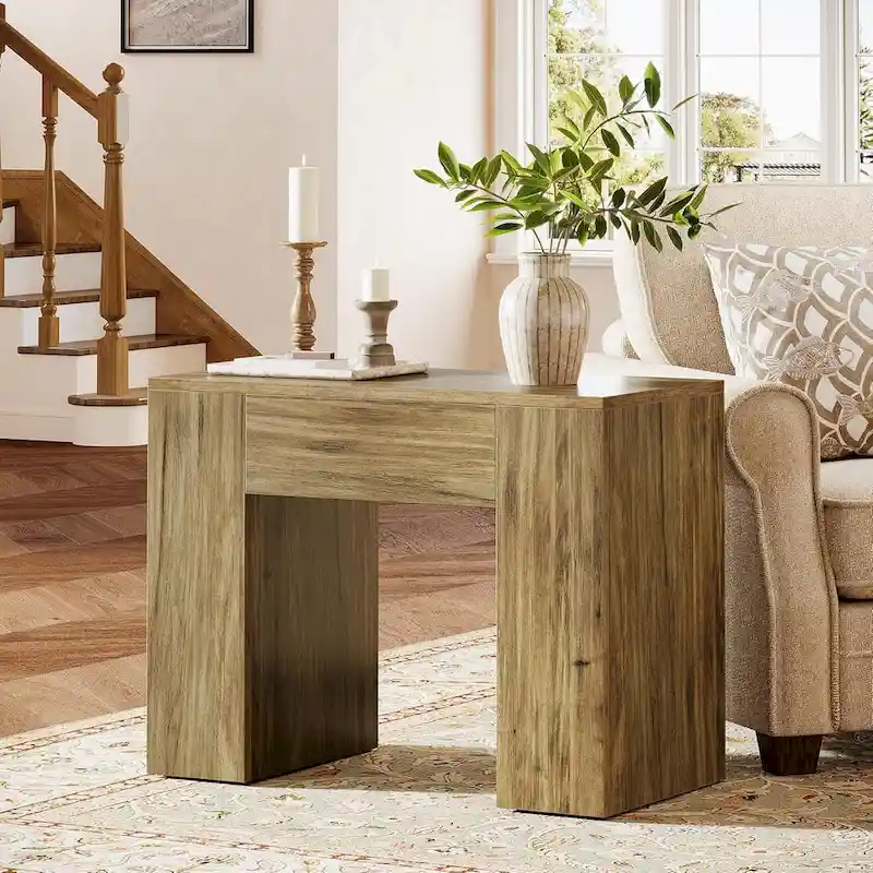 31.5 Farmhouse End Side Table, Mid-Century Modern Sofa Side Table with Wooden Pedestal