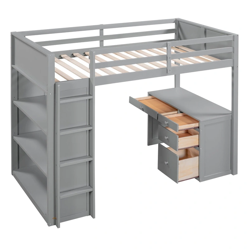 Loft Bed with Ladder, Shelves and Desk