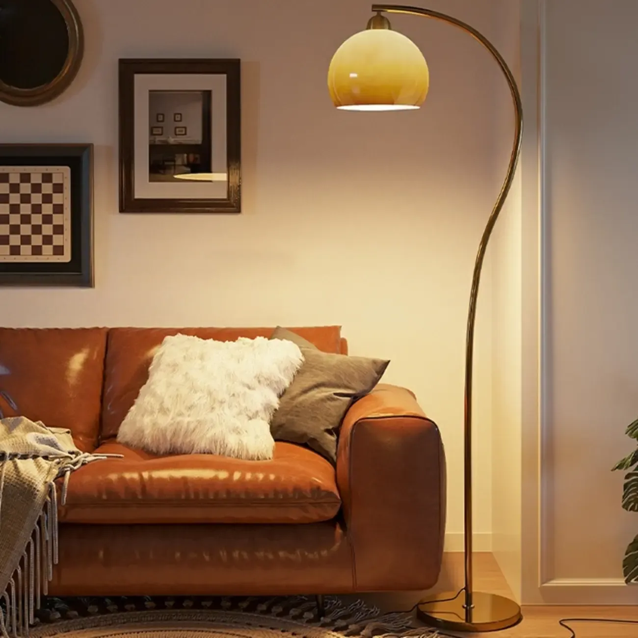 Modern Arc Floor Lamp with Glass Dome Shade for Living Room