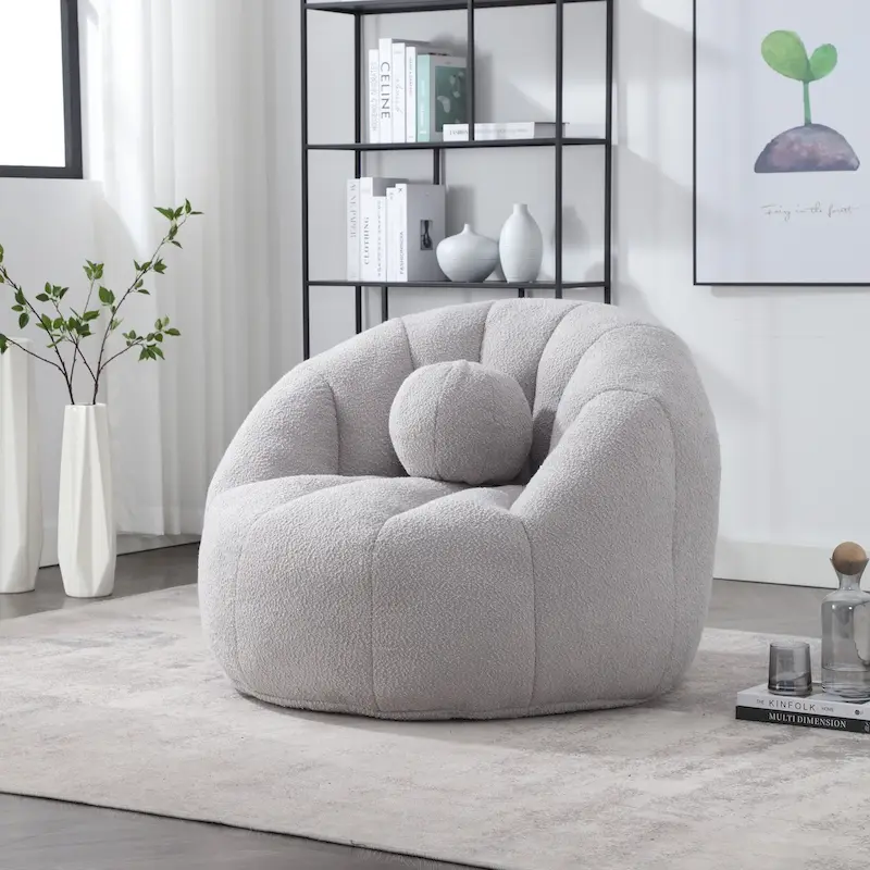 HOMEFUN Boucle Upholstered Round Lazy Cozy Bean Bag Chair With a Pillow