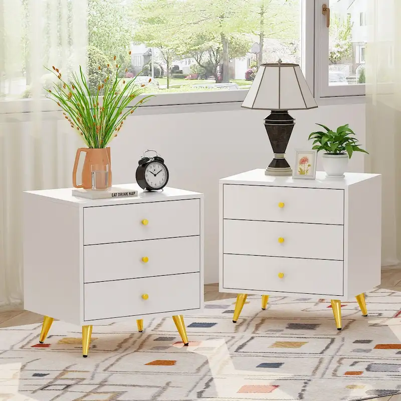 White Nightstands Bedside Table End Table Gold Metal Legs1 Pcs