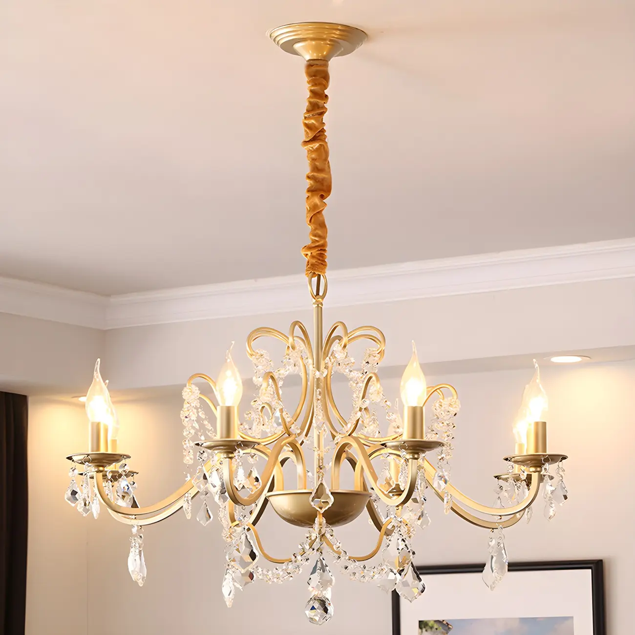 French Curved Arms Gold Crystal Candelabra Chandeliers