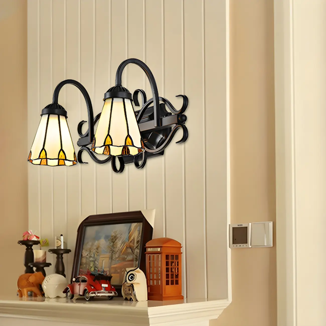 2-Light Vintage Beige Glass Wall Sconce for Entryway Decor