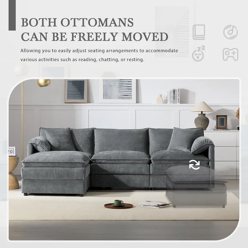 103.5 Chenille Sectional Sofa with 4-Seat L-Shaped Cloud Couch and Ottoman & Pocket Spring Cushions (330lb Capacity)