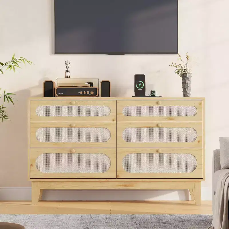 6 Rattan Large Storage Drawer Dresser, with USB Ports and Outlets, 6 Chests of Drawers Storage for Bedroom, Living Room,Hallway,Oak