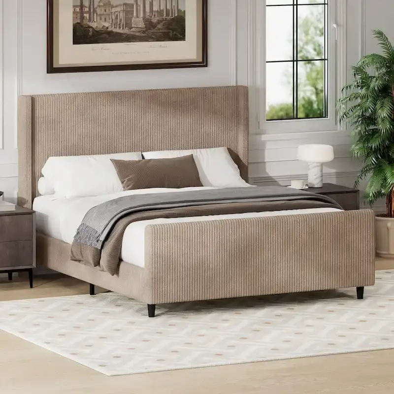 Queen Size Platform Bed Taupe Corduroy Fabric Wingback Bed