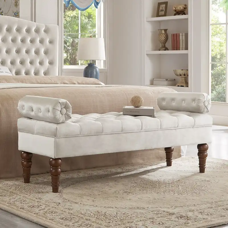 Velvet Long Bed Bench for Bedroom,Upholstered Window Bench with Tufted Button,Entryway Bench,Bolster Bench for Living Room