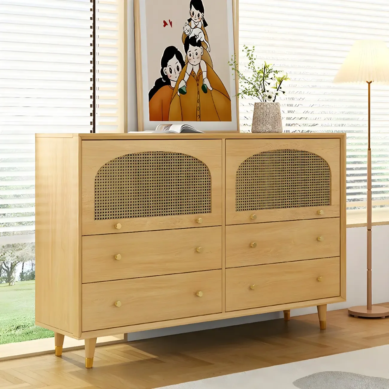 Oriental Wooden Sideboard with Drawers in Brown