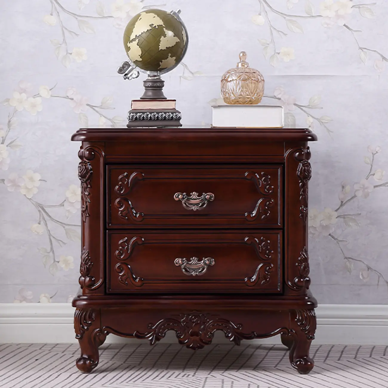 Traditional Carved Wood 2-Drawer Nightstand