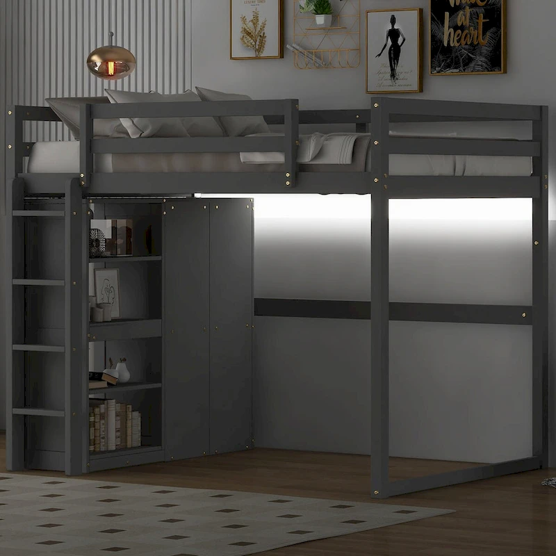 Merax Full Size Loft Bed with Built-in Wardrobe, Storage Shelves and LED light