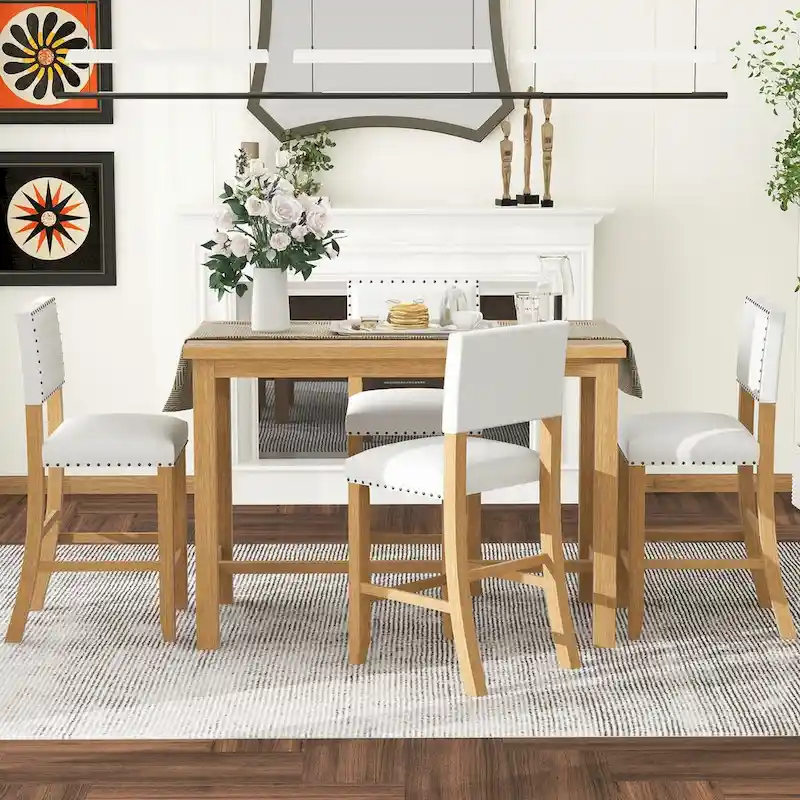 5-Piece Counter Height Dining Set, Classic Elegant Table and 4 Chairs in Natural Wood Wash