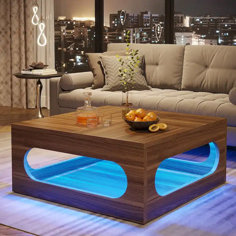 43-Inch Squre Coffee Table with LED Light, 2-tier Wood Cocktail Center Table with Storage for Living Room, Home Office