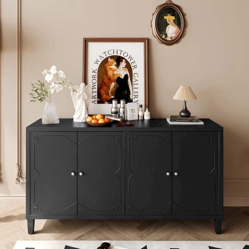 60-in Modern Matte Black 4 Door Wooden Sideboard Buffet Server Accent Storage Cabinet