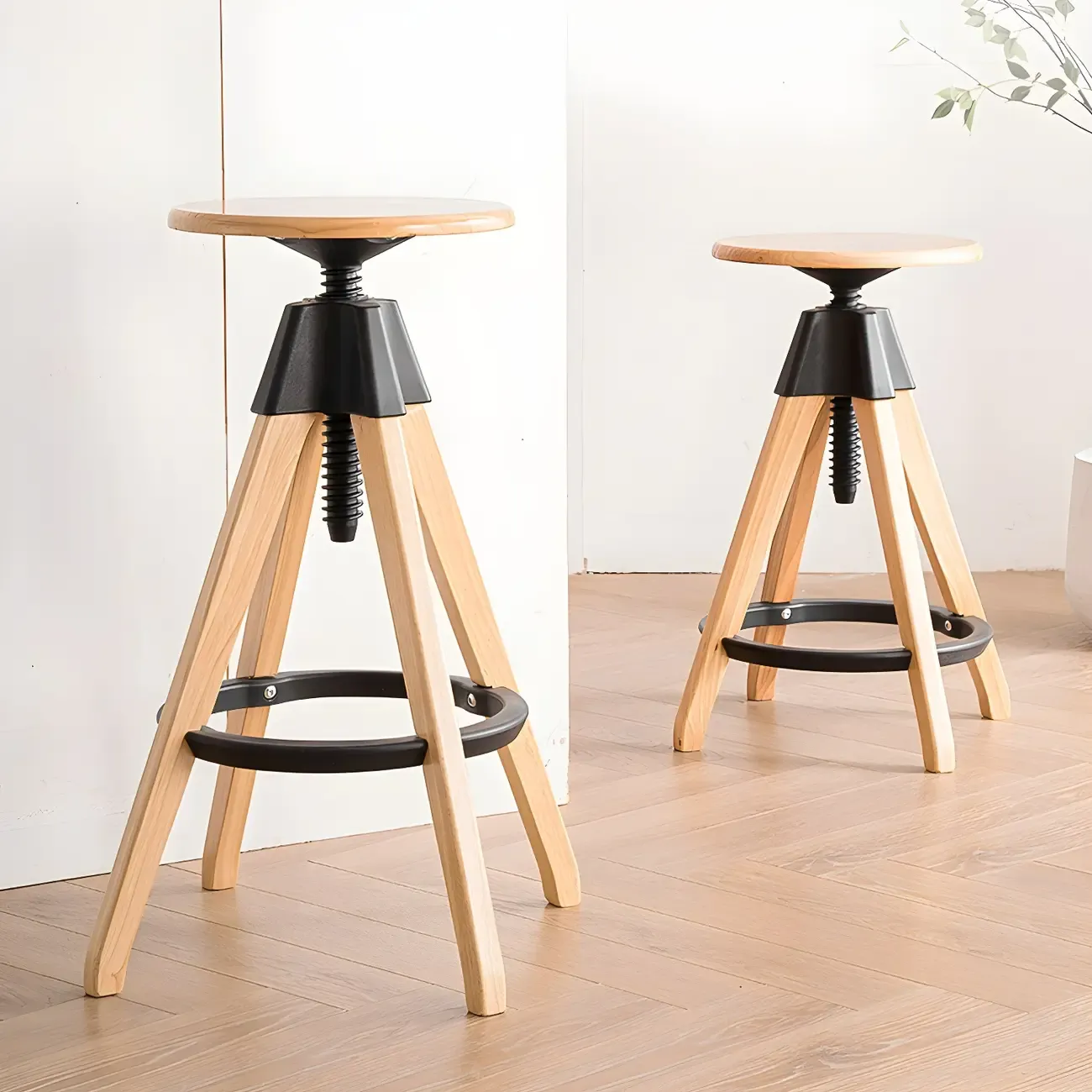 Adjustable Brown Wooden Swivel Backless Bar Stools