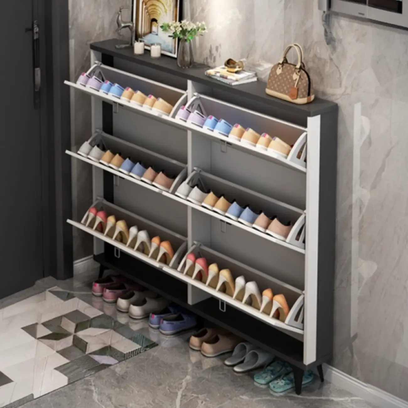 Modern Wood Shoe Cabinet with Adjustable Shelves, Entryway