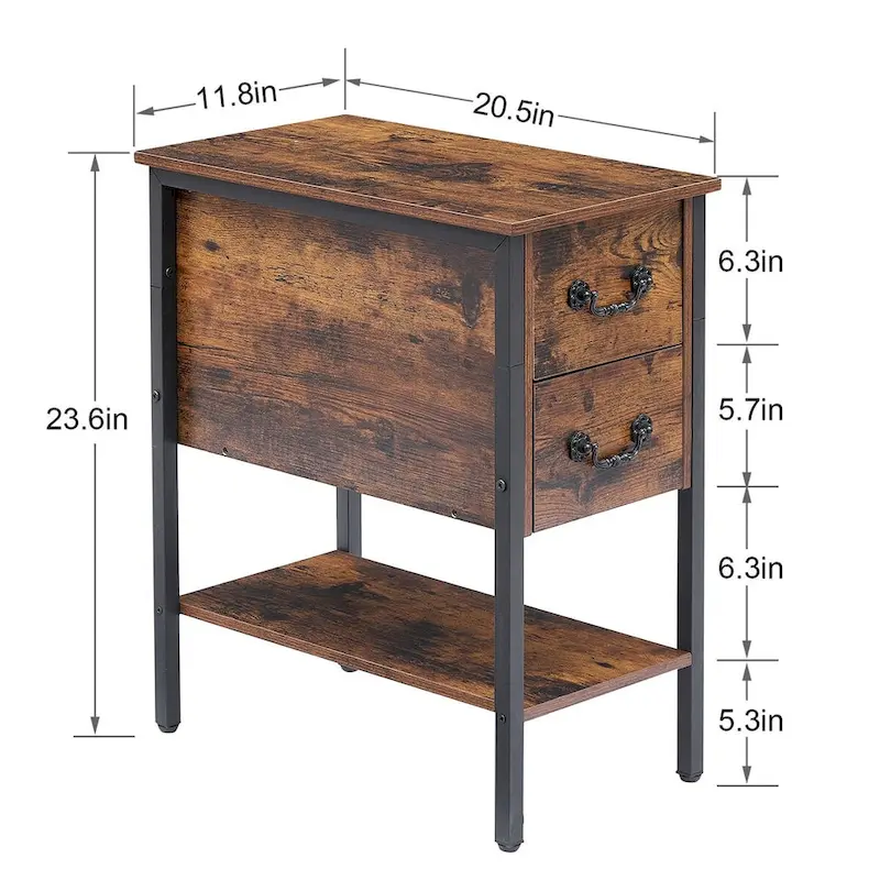Industrial 2-Drawer Nightstand Narrow End Side Table